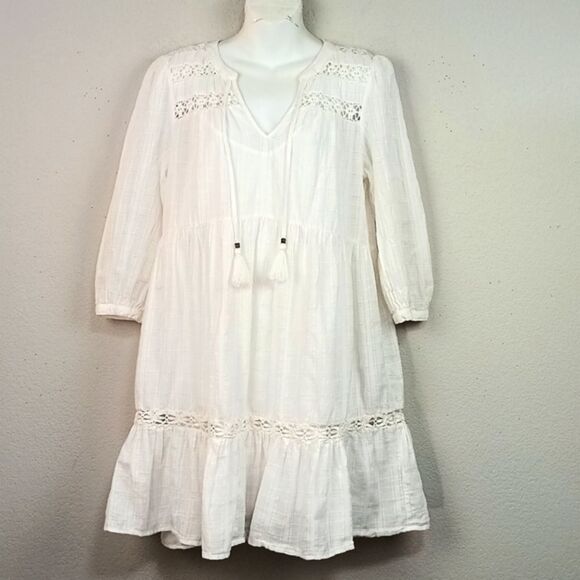 Knox Rose Women White V-Neck Baby Doll Sundress with 3/4 Sleeves Boho Chic sz M - Picture 3 of 17